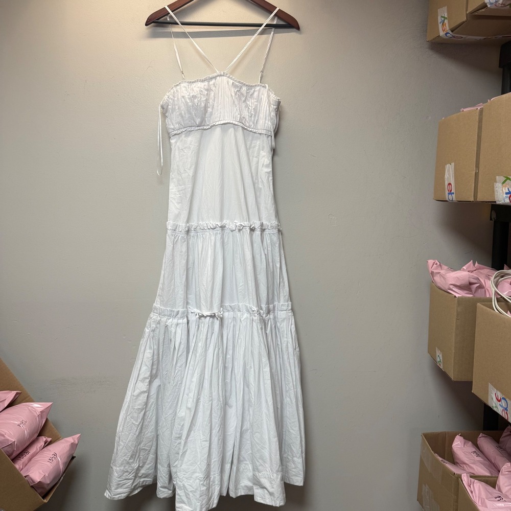 Nicholas Tiered Maxi Dress Womens Size 8 White Excellent Cotton Pleated Boho